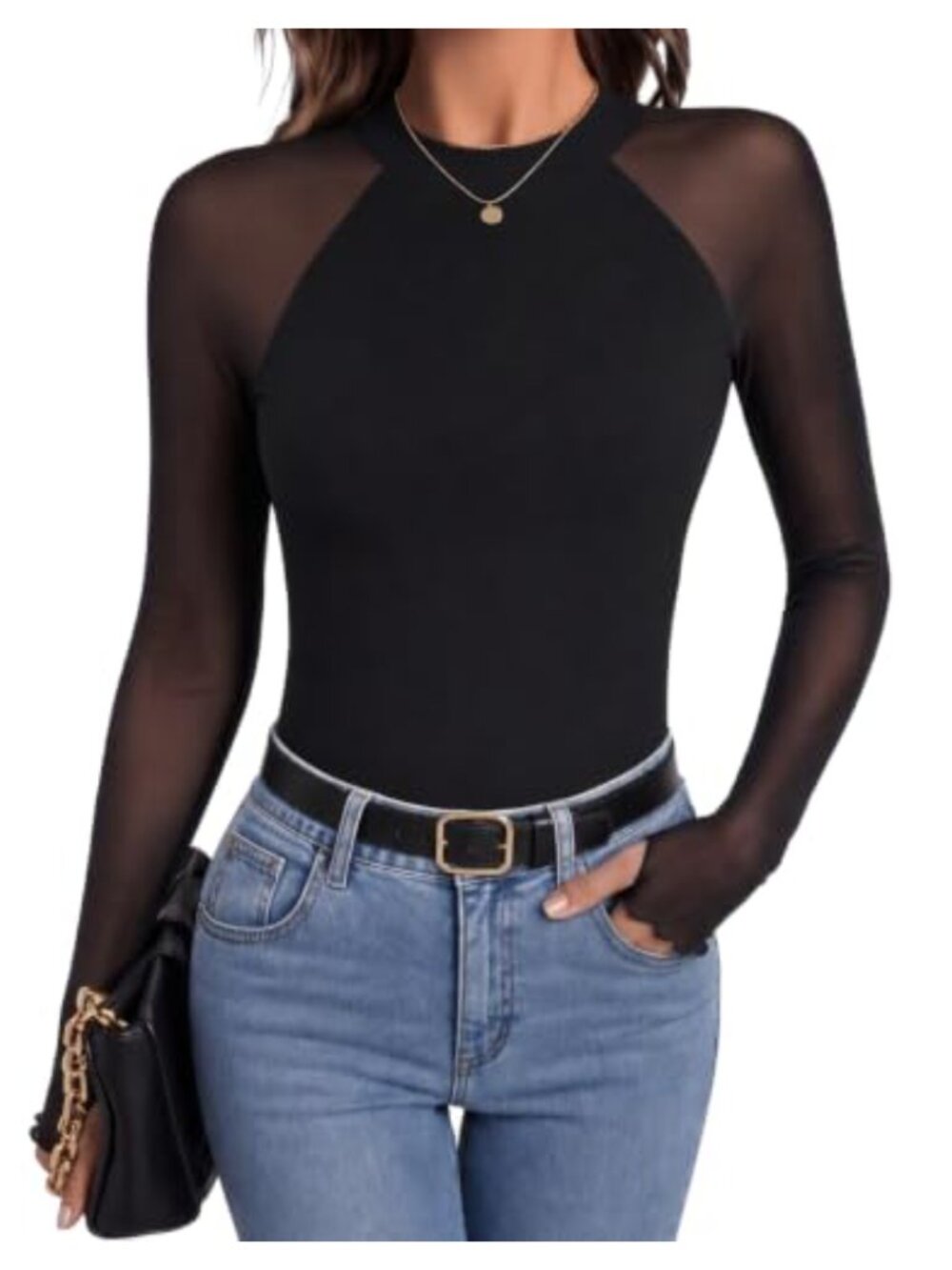 Women's Sheer Mesh Long Sleeve Blouse Mock Neck Double Lined Fitted Top